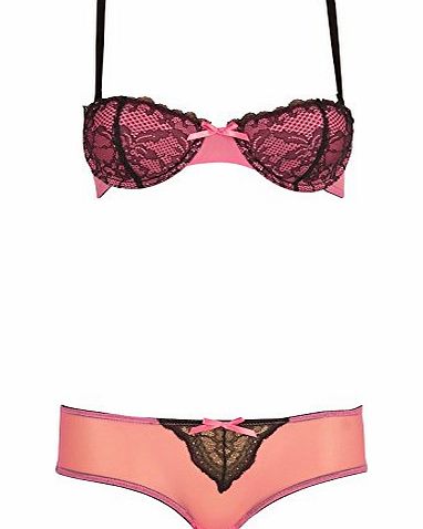 Designer ME Womens Renato Rossi Bra and Brief Set Dusty Pink/Black Lace Girls Ladies (36CM 36`` Bust C Cup Medium Brief UK 12 Euro 38)