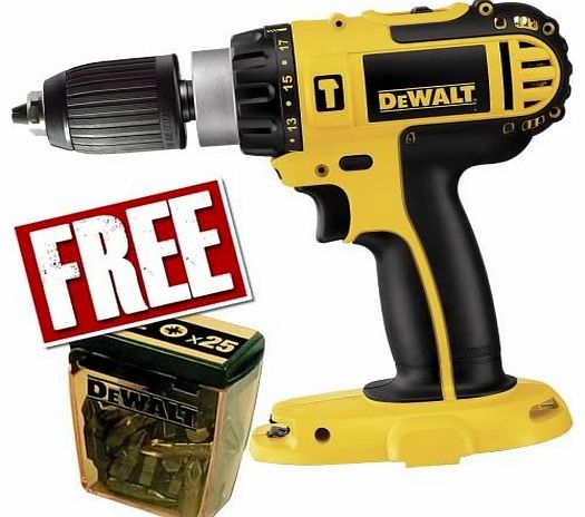 DeWalt  18v CORDLESS PROFFESIONAL HAMMER DRILL DC725 BARE UNIT IN DEWALT HEAVY DUTY CARRYING CASE  FREE 25 PIECE DEWALT pz2 SET