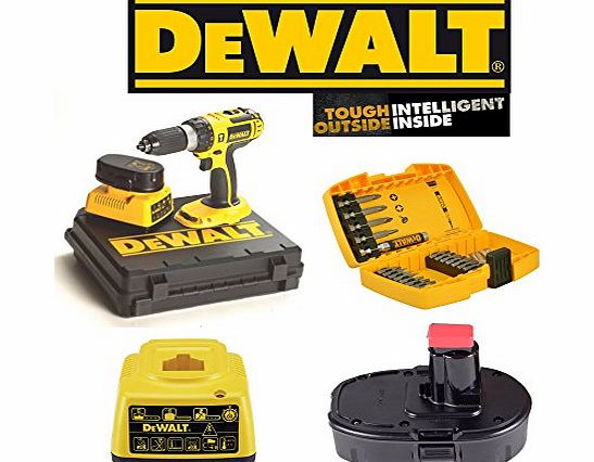 DeWalt  DC725 Cordless 18v Volt Combi Hammer Drill With 1 x Battery DE9098, 1 Hour Charger DE9116 amp; 21 Piece Dewalt Accessory Kit