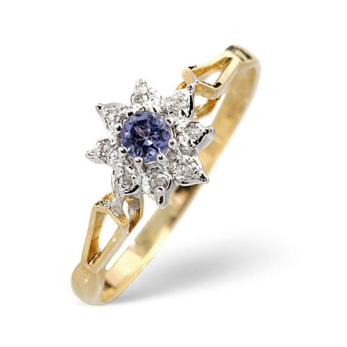 Tanzanite and 0.02 Ct Diamond Flower Ring In 9 Carat Yellow Gold