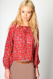 Dina Floral Georgette Cutwork Tie Neck Blouse