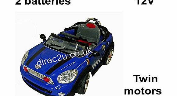 direc2u Kids mini cooper S electric ride on car, 12V, twin motors, 2 batteries, remote RC2 (Blue)