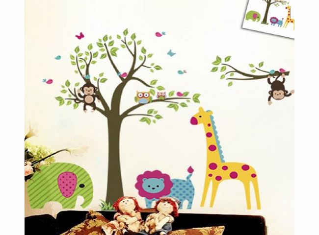 Large Colorful Tree & Jungle Animals Wall Sticker Nursery Bedroom Wall Art Decor Cute Giraffe Monkey Owl Tree Art Wall Stickers Kids Room Removable Decal Baby Bedroom Wall Art