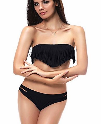 DJT Hot Sexy 2pcs Padded Boho Fringe Bandeau Strapless Tassels Top and Low Rise Bottoms Bikini Set Swimwear Swimsuit Purple White Size S