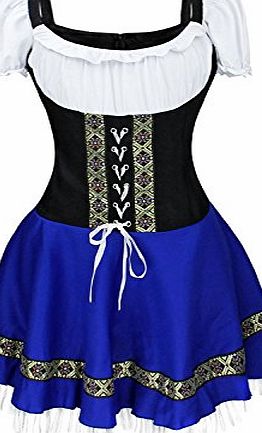 DJT Women Fashion Oktoberfest Costume Dirndl Germanys Oktoberfest Charming Midi Meadow Short Cosplay Dress White Black and Blue Size L UK 10 12 EU 44