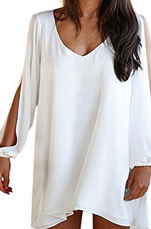 DJT Women Sexy V-Neck Batwing Hollow Out Long Sleeve Loose Swing Chiffon Blouse Shirt/Top/Blouse/Mini/Short/Dress White Size M