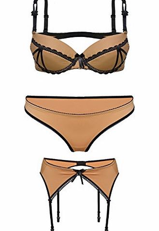 DKaren Nightwear Push Up Bra Thong Panty Suspender Garter Belt 11 Beige (75A, XS)