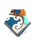 Blue and Copper Ornamental Printed Silk Square Scarf