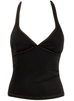 Black tankini with gold stitching