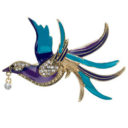 Purple and teal bird brooch