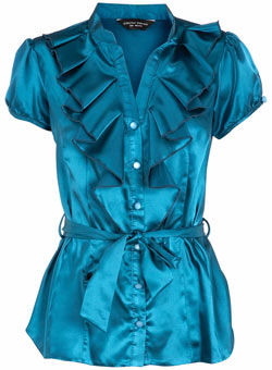 Teal satin tie blouse