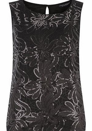 Dorothy Perkins Womens Black Floral Sequin Front Tank Top- Black