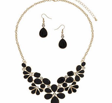 Womens Black Flower Drop Stone Set- Black