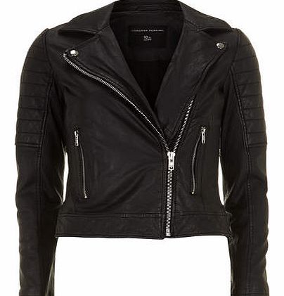 Womens Black Genuine Leather Biker- Black