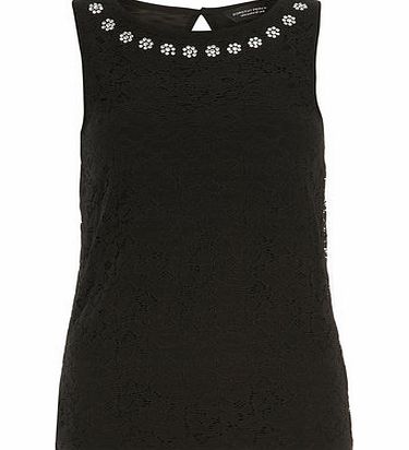 Womens Black Jewel Lace Shell Top- Black