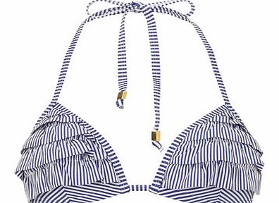 Womens Blue Stripe 3D Ruffle Bikini Top- Blue