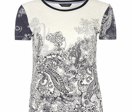 Dorothy Perkins Womens Border Floral Motif Tee- Ivory/Navy