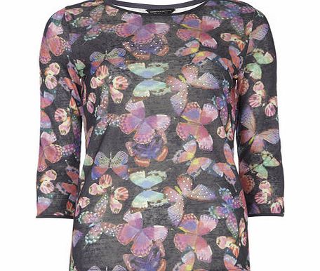 Dorothy Perkins Womens Butterfly Print Bling Top- Black DP56396910