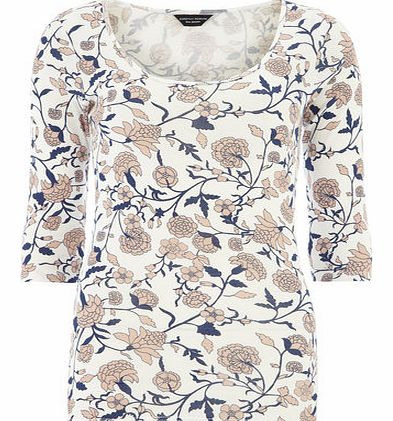 Womens Cream Thistle Print 3/4 Scoop Top- White