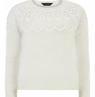 Womens Ivory Fluffy Lace Yoke Jumper- White