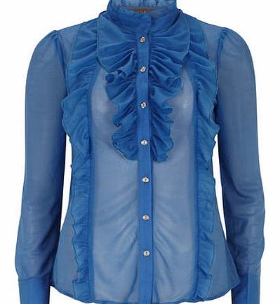 Womens Jolie Moi Blue Sheer Ruffle Front Blouse-