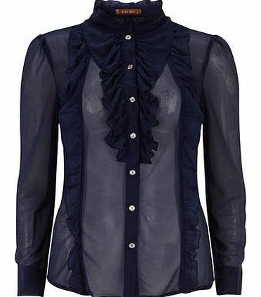 Womens Jolie Moi Navy Sheer Ruffle Front Blouse-