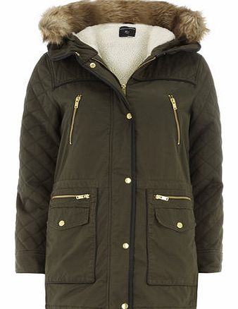 Dorothy Perkins Womens Khaki Faux Fur Hood Luxe Parka- Khaki