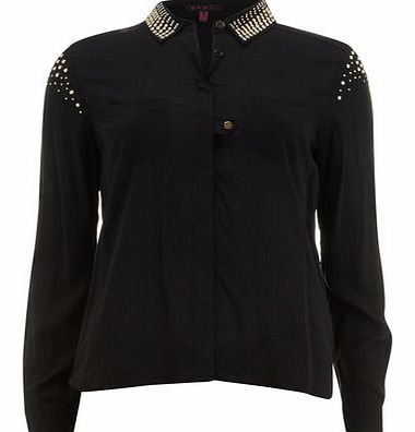 Womens Mandi Black Studded Dipped Hem Top- Black