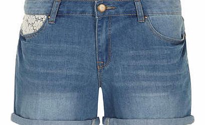 Womens Midwash Crochet trim boy shorts- Blue