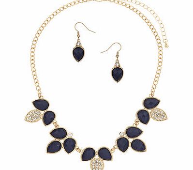 Womens Navy Leaf And Rhinestone Set- Blue