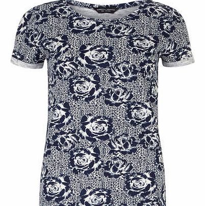 Womens Navy Textured Rose Print Tee- Blue