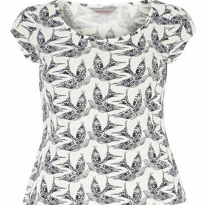 Womens Petite Ivory and Navy Bird Gem Tee- Blue