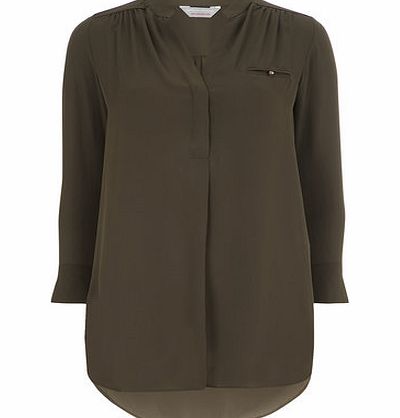 Womens Petite khaki long line shirt- Khaki