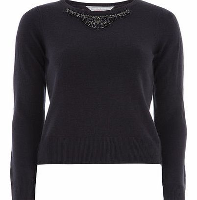 Dorothy Perkins Womens Petite navy embellished jumper- Blue