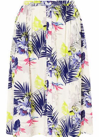 Womens White Tropical Button Midi Skirt- Fl