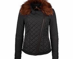 Grey faux fur trim cotton biker jacket