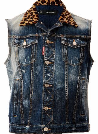 Dsquared Leopard Print Collar Denim Waistcoat