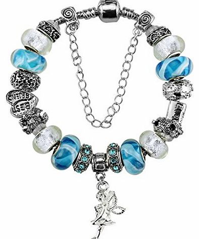 Duchy Platinum Plated Murano Glass Charm Bracelets with Charms Sky Blue Angel Dangel Best Friend Heart Cubic Zirconia Fashion Compitable with Pandora Chamilia Troll Biagi 18cm DIY for women in Organza