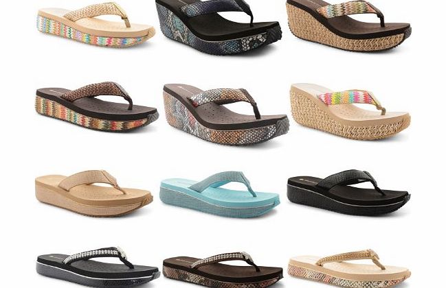 New Ladies Dunlop Toe Post Diamante Raffia Wedge Flip Flops Sandals Size UK 3-8, DLP593 Beige UK 4