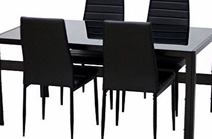 EBS� Black Glass Dining Table and 4 Chairs Dining Room Furniture Set - Modern Design Faux Leather