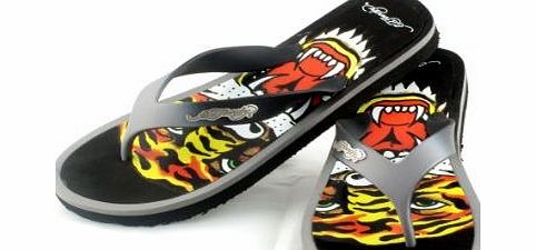 Ed Hardy Beachcombers Luxury Designer Mens Flip Flops / Sandals (UK 11, Black/Grey)