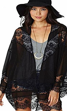 EJY Women Batwing Sleeves Blouse Cardigan Hollow Lace Chiffon Kimono Coats Tops (M)