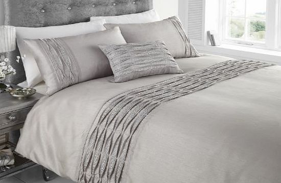 Eleanor James AUREA DIAMANTE RUFFLE FAUX SILK DOUBLE BED DUVET COVER QUILT BEDDING SET SILVER