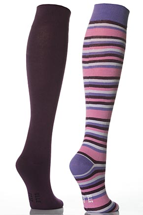 Elle Ladies 2 Pair Elle Cotton Knee Highs - One Striped and One Plain In 6 Colours Crimson