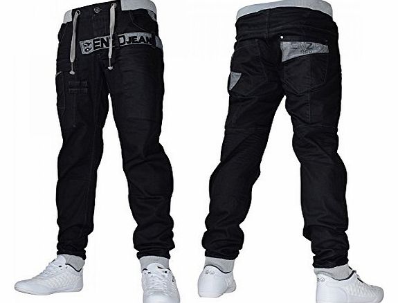 Enzo Mens Enzo EZ287 Black Designer Cuffed Jogger Jean Coated Denim Waist 32 Leg 32`` (32R) EZ287- Enzo Black Denim