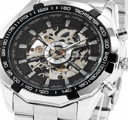 ESS Mens Black Bezel Skeleton Dial Stainless Steel Self-Wind Up Mechanical Automatic Watch WM257