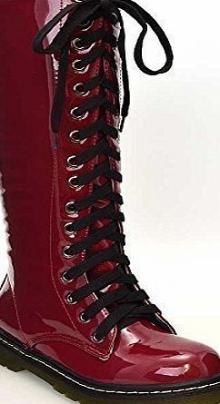 ESSEX GLAM LADIES VINTAGE LACE UP ZIP PATENT WOMENS KNEE HIGH BOOTS PUNK COMBAT SIZE 3-8 (UK 8 / EU 41, BURGUNDY PATENT)