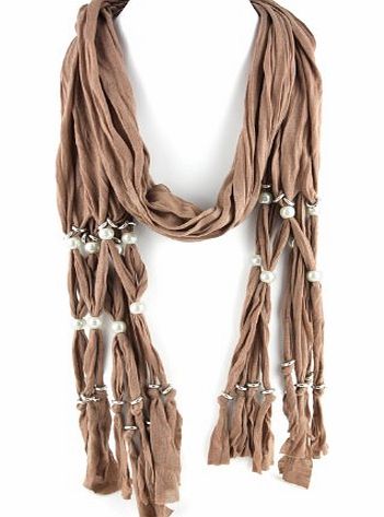 Light Brown - Pearl Bead Charm - Diamond Link Tassel Pattern - Jewellery Scarf - 70``