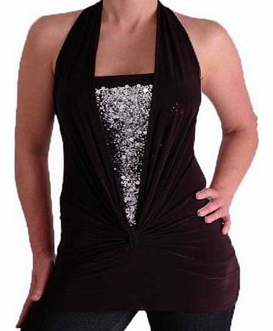 Eye Catch Bella Slinky Stretch Glitter Halter Neck Fashion Top Black M/L