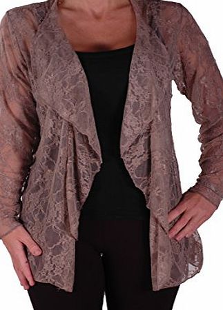 Eye Catch Eyecatch - Riya Womens Floral Lace Waterfall Cardigan Ladies Plus Size Open Cardi Mocha Size 26-28